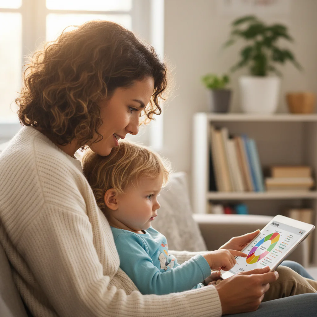 Parent and child looking at tablet together, bright home environment, warm light, engaged and happy expression