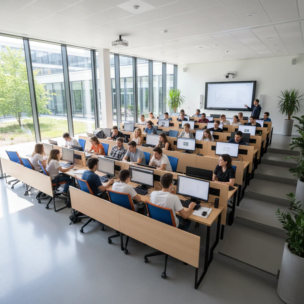 Teacher presenting to engaged students in modern classroom, bright well-lit space, professional educational environment